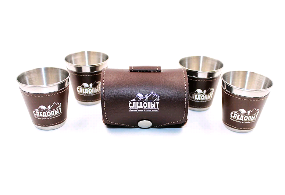 Набор стопок СЛЕДОПЫТ 4х60 мл, в кожаной тубе, в дополнительном кожаном оплете