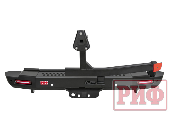 Бампер РИФ силовой задний Toyota Land Cruiser 200 2007-2012 с квадратом под фаркоп, калиткой, фонарями, подсветкой номера, стандарт