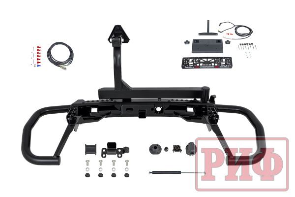 Бампер РИФ силовой задний Mitsubishi Pajero Sport 2021+ c квадр. под фаркоп, калиткой, подсвет. ном.