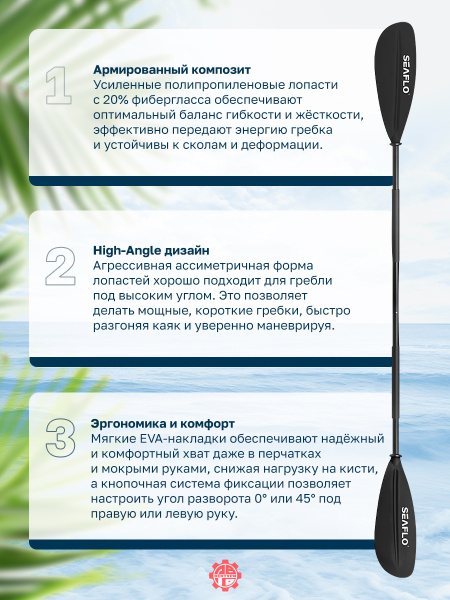 Весло SEAFLO для каяка (байдарки, пакрафта) разборное, двустороннее, 220 см