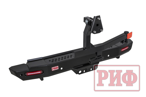 Бампер РИФ силовой задний Toyota Land Cruiser 200 2013-2015 с квадр. под фаркоп, калиткой и фонарями