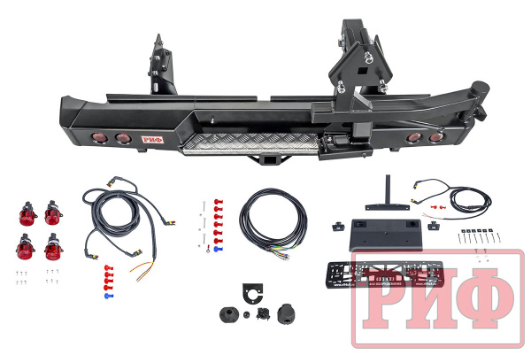 Бампер РИФ силовой задний Mitsubishi L200 2019-2022 с квадратом под фаркоп, калиткой и фонарями