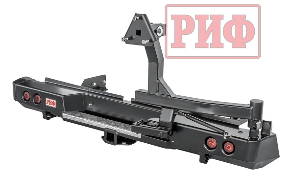 Бампер РИФ силовой задний Mitsubishi L200 2019-2022 с квадратом под фаркоп, калиткой и фонарями