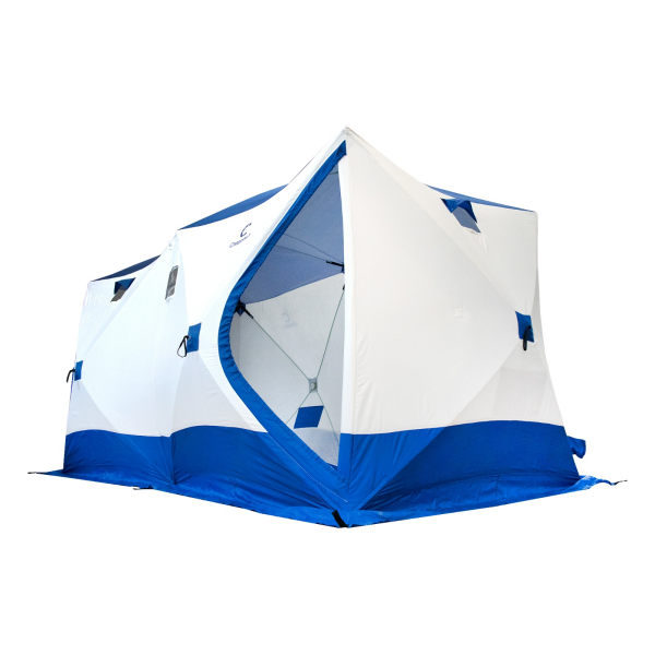 Палатка зимняя куб СЛЕДОПЫТ, 3,8х1,9 м, 2-комнатная, 3 слоя , синий/белый