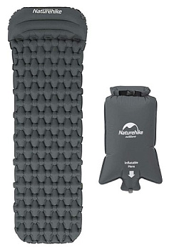 Коврик надувной Naturehike с подушкой, 185x59x3,5 см, серый, с мешком