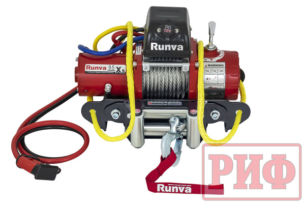 Лебёдка переносная РИФ 9.5XS c квадратом для фаркопа и проводами в сборе, короткий барабан, стальной трос (облегченная)