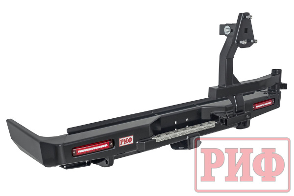 Бампер РИФ силовой задний Toyota Land Cruiser 76 2007+ с квадратом под фаркоп, калиткой и фонарями