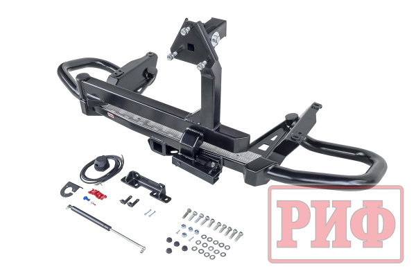 Бампер задний силовой/защита штатного бампера РИФ для Toyota Land Cruiser Prado 150 c квадратом под фаркоп, калиткой, подсветкой номера