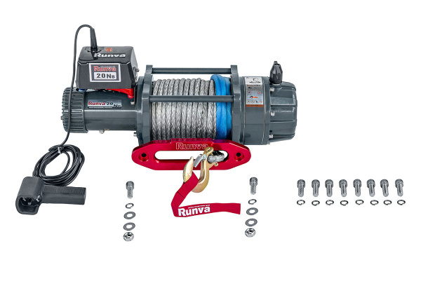 Лебёдка электрическая 24V Runva 20000 lbs влагозащищенная, синтетический трос